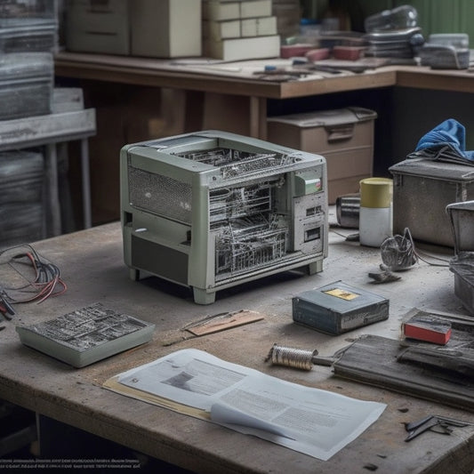 A worn, metallic grey Honeywell PM42 industrial printer sits on a cluttered workbench, surrounded by scattered tools, wires, and circuit boards, with a torn service manual lying open in the background.