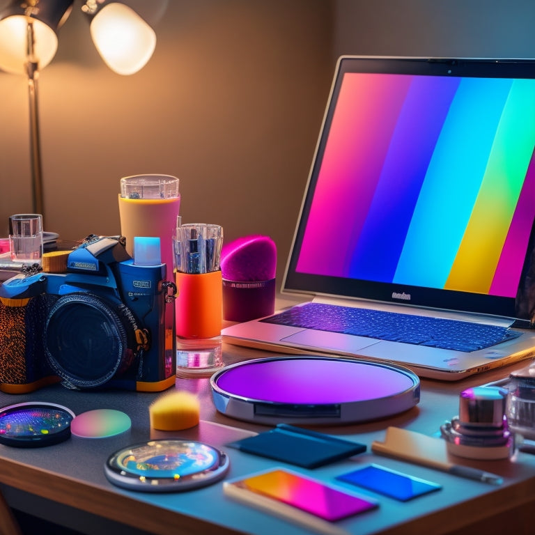 A colorful, cluttered desk with a ring light, makeup brushes, and a laptop displaying a split-screen of a digital calendar and a social media platform, surrounded by scattered makeup palettes and mirrors.