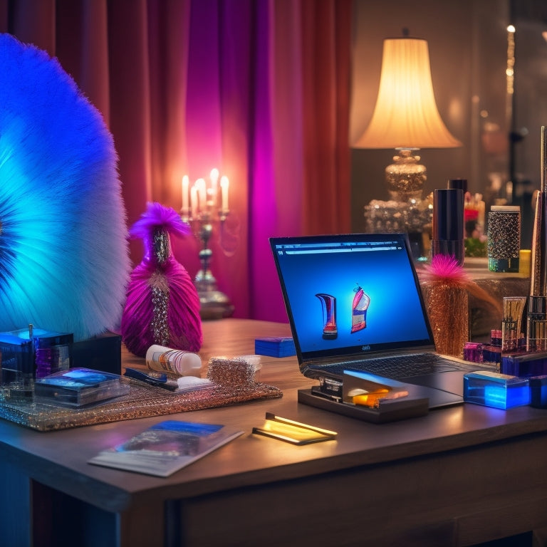 A glamorous, spotlight-lit makeup station with a laptop, brushes, and colorful cosmetics, surrounded by dance-inspired props like pointe shoes, a ballet barre, and a feathered headdress.