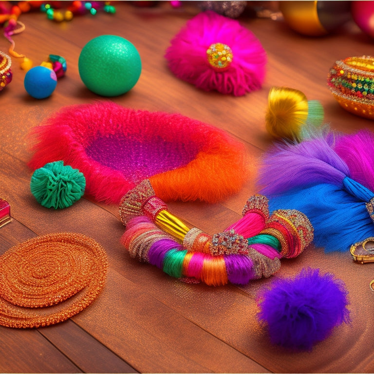 A vibrant display of various dance hair accessories: glittering hairpins, colorful scrunchies, elegant headbands, and shimmering hair ties, arranged on a polished wooden studio floor, with soft stage lights illuminating the scene.