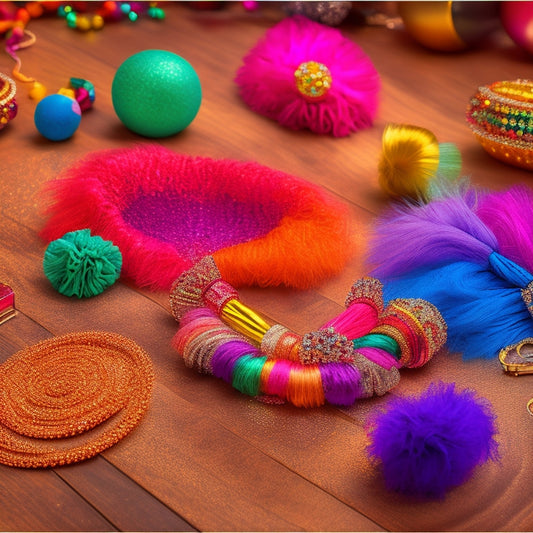 A vibrant display of various dance hair accessories: glittering hairpins, colorful scrunchies, elegant headbands, and shimmering hair ties, arranged on a polished wooden studio floor, with soft stage lights illuminating the scene.
