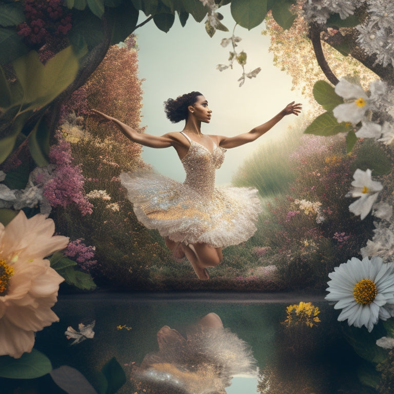 A stylized illustration of a dancer in motion, surrounded by blooming flowers and vines, with fragmented mirrors and puzzle pieces in the background, symbolizing self-reflection and growth.