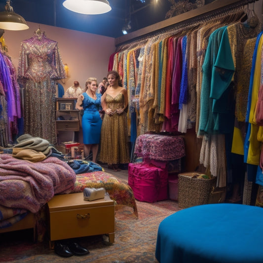 A backstage area with a performer in the foreground, partially undressed, surrounded by clothes racks, dressers, and assistants, with a clock ticking in the background, amidst a flurry of colorful fabrics and accessories.