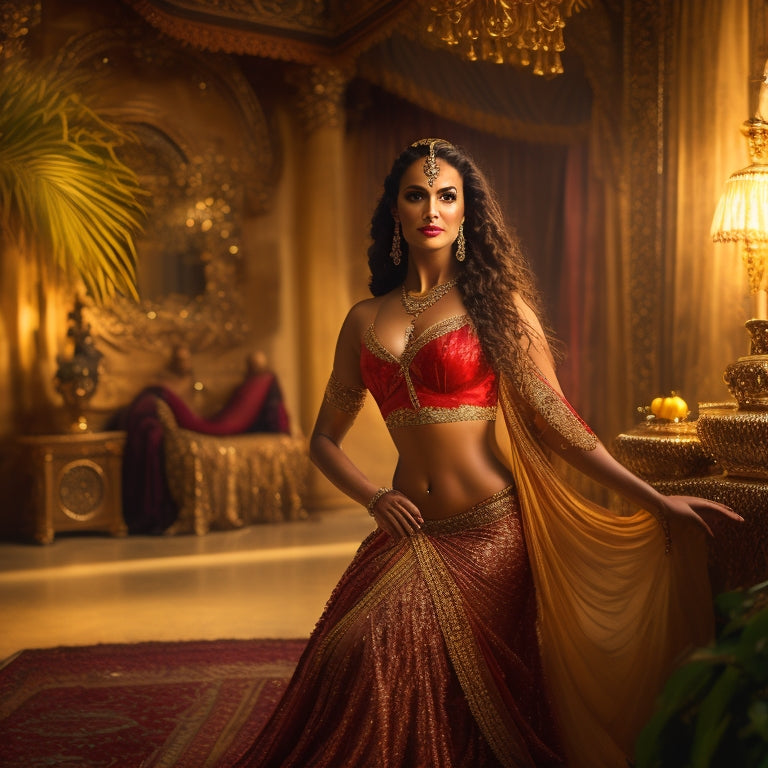 A serene, golden-lit studio with a beautiful, toned woman in her mid-30s, wearing a flowing, crimson skirt, performing a sensual belly dance move, surrounded by lush green curtains and ornate mirrors.