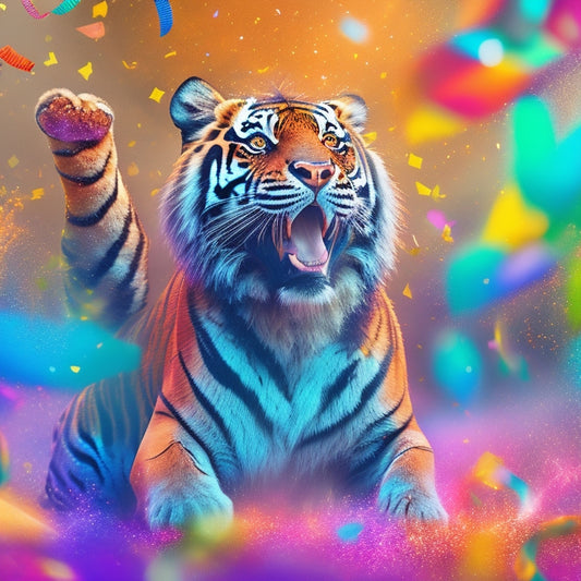 A vibrant illustration of a tiger's upper body, surrounded by colorful streamers and confetti, performing a joyful dance with its paws raised in the air, amidst a backdrop of streaming platform logos.