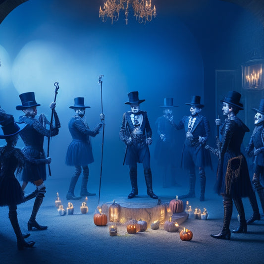 A dark blue background with a spotlight shining down on a group of skeletons, dressed in top hats and holding canes, dancing in a circle, surrounded by cobwebs and jack-o-lanterns.