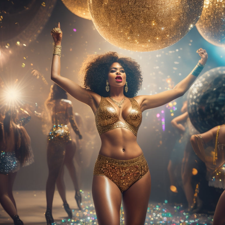 A whimsical illustration of a person dancing in a lavish, dimly lit room, clad in leopard print underwear, with oil drizzled artfully down their torso, surrounded by sparkling disco balls and confetti.