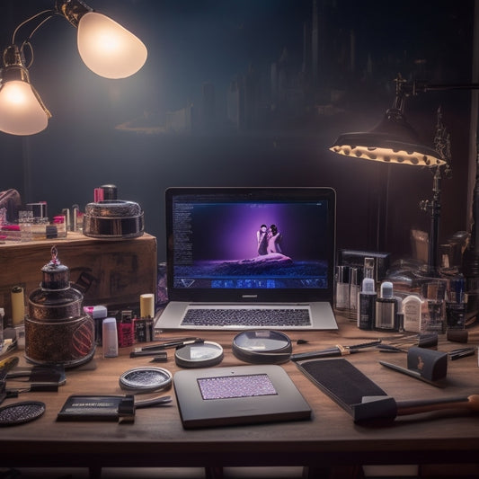 A dimly lit, cluttered makeup station with scattered brushes, palettes, and half-opened products, surrounded by dance costumes and shoes, with a laptop or tablet in the center, open to a tutorial webpage.