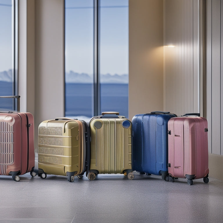 A sleek collection of stylish, durable travel luggage in various colors and sizes, displayed on a wooden floor against a backdrop of a contemporary airport lounge, with soft natural light highlighting their textures and features.