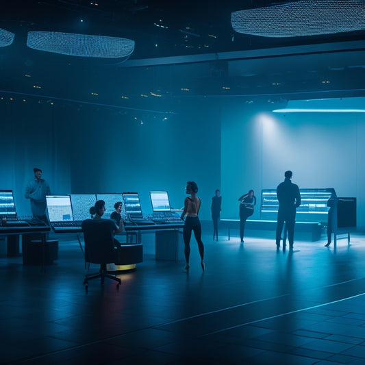 A futuristic, dimly lit dance studio with spotlights, surrounded by laptops and tablets displaying schedules and data analytics, with a cityscape or digital grid in the background.