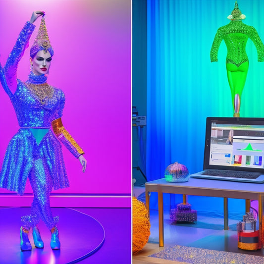 A futuristic dance studio with a 3D printer, tablet, and laptop surrounded by colorful fabrics, sequins, and beads, with a half-designed costume on a mannequin in the center.