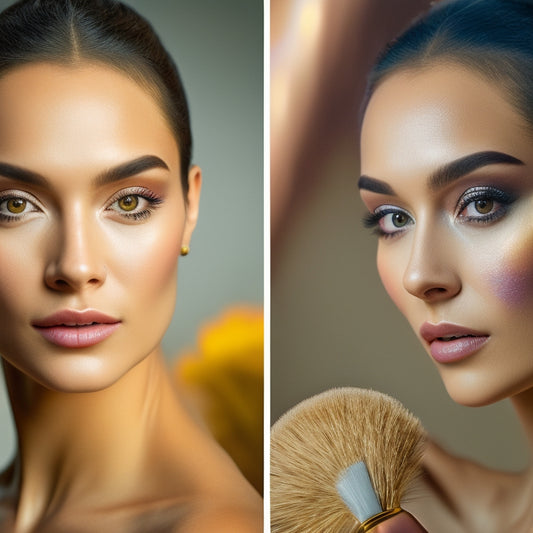 A split-screen image featuring a person with a bare face on one side and a glamorous, made-up face on the other, with a dance-themed background and makeup brushes scattered around.