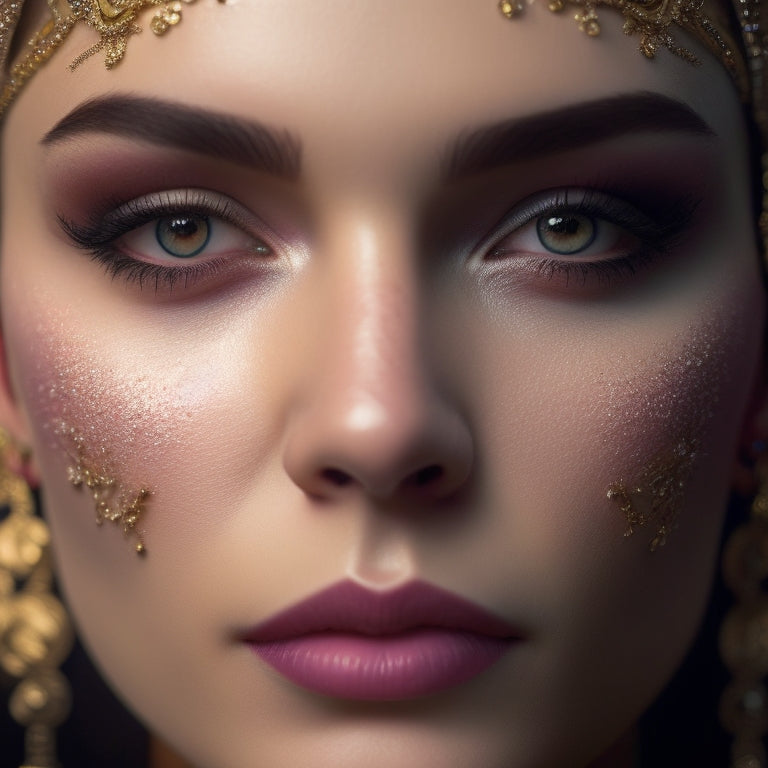 A close-up shot of a performer's face, adorned with intricately designed stage makeup, featuring bold eyeliner, rosy cheeks, and a subtle glow, against a dark, misty background.