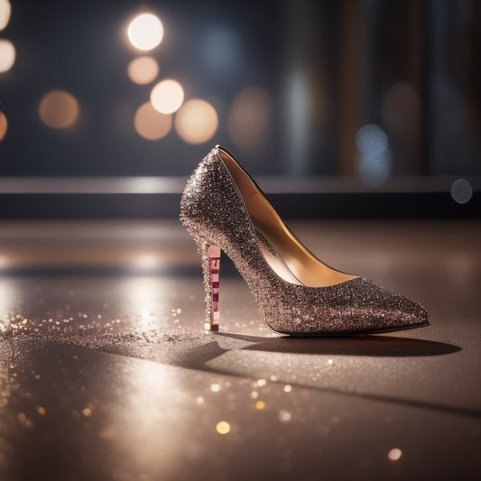 A spotlight shines brightly on a lone, elegant high-heeled shoe lying on a vacant, polished dance floor, surrounded by faint, shimmering glitter and a few scattered, fallen sequins.