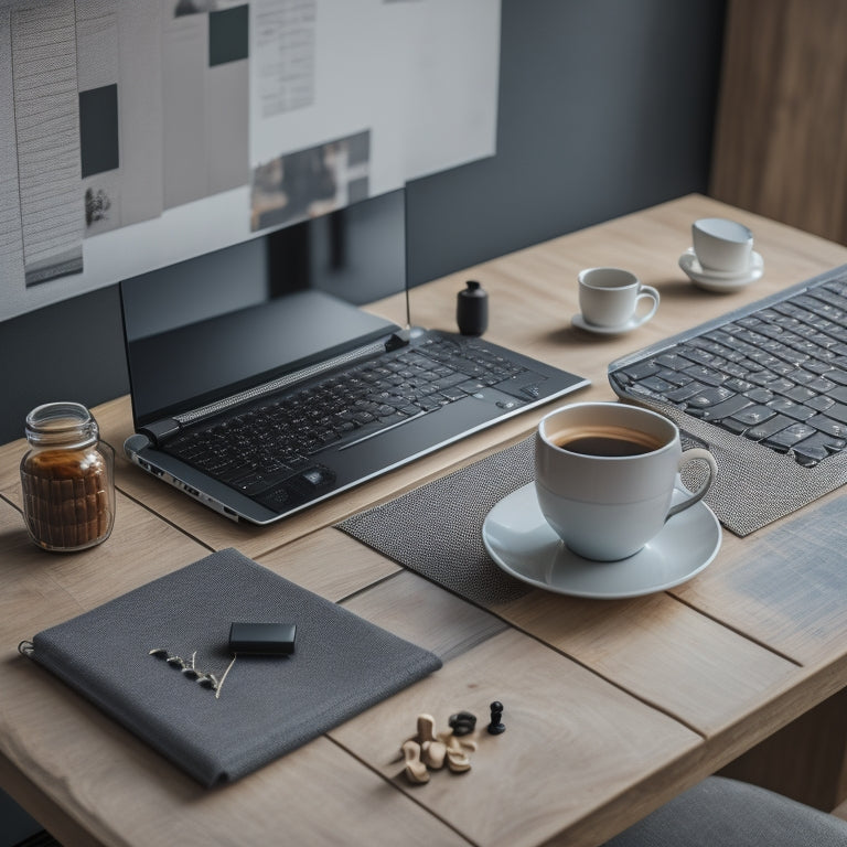 A minimalist, modern desk setup with a laptop, notebook, and cup of coffee, surrounded by subtle, blurred musical notes, chess pieces, and a faint, geometric background pattern.