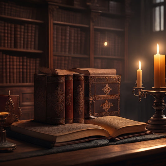 A mystical, dimly lit library with worn, leather-bound tomes stacked haphazardly, surrounded by wispy candlelight, eerie shadows, and a lone, ornate magnifying glass lying open on a dusty, wooden desk.