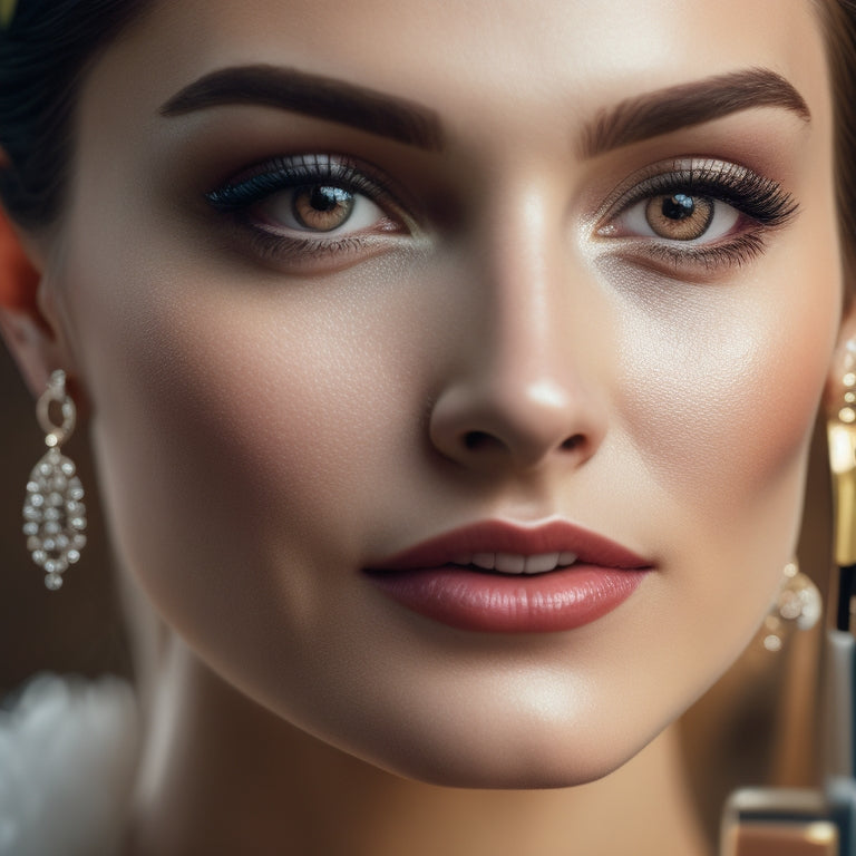 A glamorous, close-up shot of a bride's face, with a flawless, natural makeup look, gazing upward, surrounded by mirrors, makeup brushes, and a smartphone displaying a tutorial video.