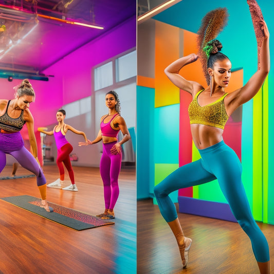 A vibrant dance studio with a wooden floor, showcasing diverse dancers in stylish active wear: sleek leggings, flowy crop tops, and supportive sports bras, surrounded by mirrors reflecting their dynamic movements and colorful dance accessories.