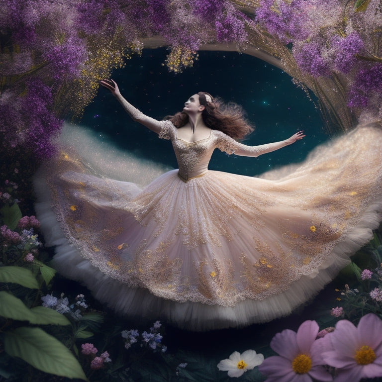 A whimsical illustration of a delicate, lace-dressed waltz dancer surrounded by swirling, colorful flowers and vines, set against a soft, creamy background with subtle, shimmering stars.