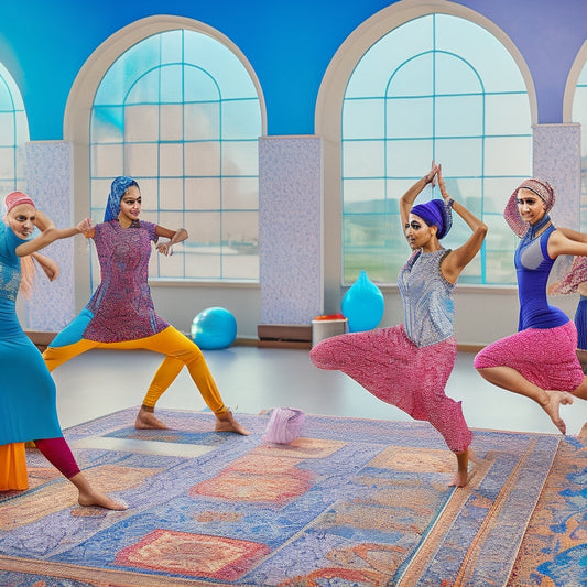 A vibrant illustration of a diverse group of people, including women in hijabs, practicing Middle Eastern-inspired dance moves in a virtual fitness studio with colorful Persian-inspired tiles and intricate Arabic calligraphy patterns.