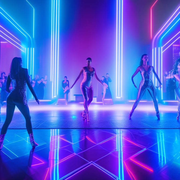 A futuristic dance floor with sleek, neon-lit dance machines in the background, surrounded by mirrors and flashing lights, with a few dancers in dynamic poses, wearing futuristic outfits.