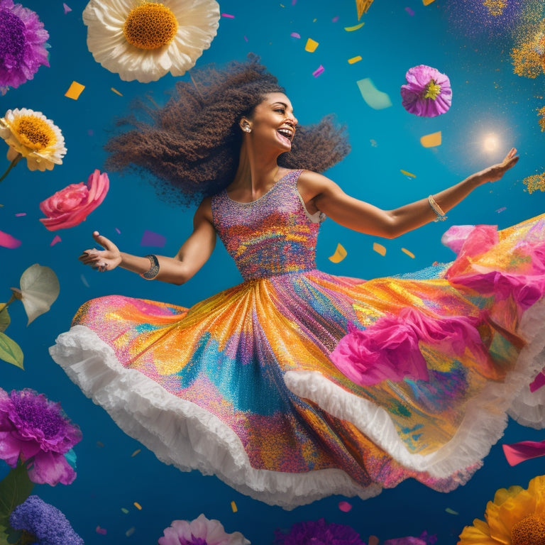 A whimsical illustration of a joyful dancer in mid-air, surrounded by swirling fabrics and flowers, with colorful confetti and musical notes floating in the background, evoking a sense of carefree movement.