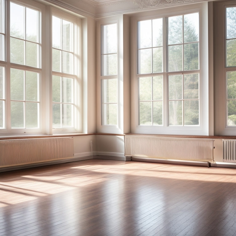A serene ballet studio with a wooden floor, showcasing a pair of elegant foot stretchers beside delicate ballet shoes. Soft natural light filters through large windows, highlighting the grace and flexibility of a dancer's feet.
