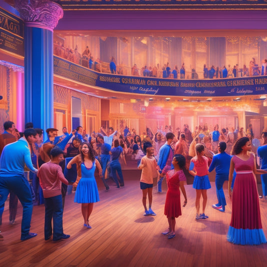 A vibrant illustration of a bustling theatre or dance studio, featuring diverse students of various ages, abilities, and ethnicities participating in different classes, surrounded by dance bars, mirrors, and theatrical lights.
