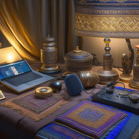 A serene, dimly lit podcasting studio with a microphone, headphones, and a laptop surrounded by Middle Eastern-inspired textiles, belly dance accessories, and a subtle, shimmering golden fabric in the background.