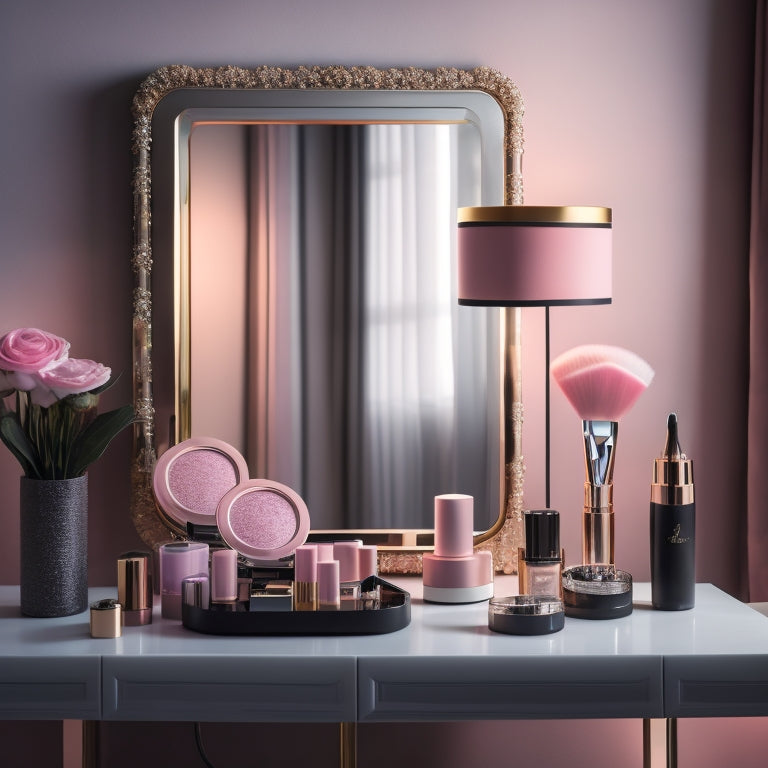 A glamorous, spot-lit makeup station with a sleek, black vanity, adorned with an assortment of high-end cosmetics and brushes, set against a soft, pastel pink backdrop.