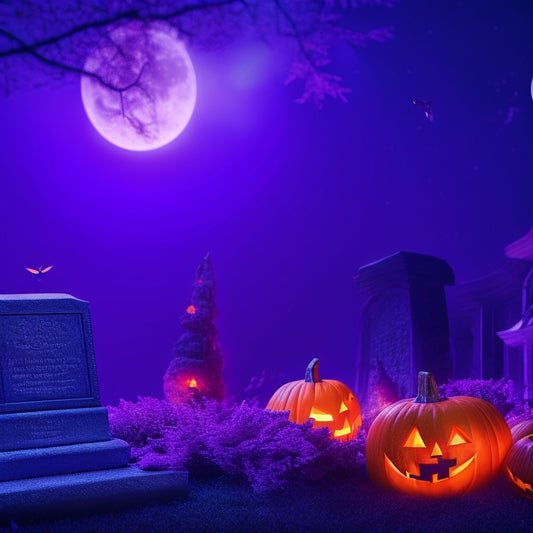 A dark purple background with a spider web-covered gravestone, surrounded by glowing jack-o'-lanterns, bats flying overhead, and a crescent moon shining bright in the midnight sky.