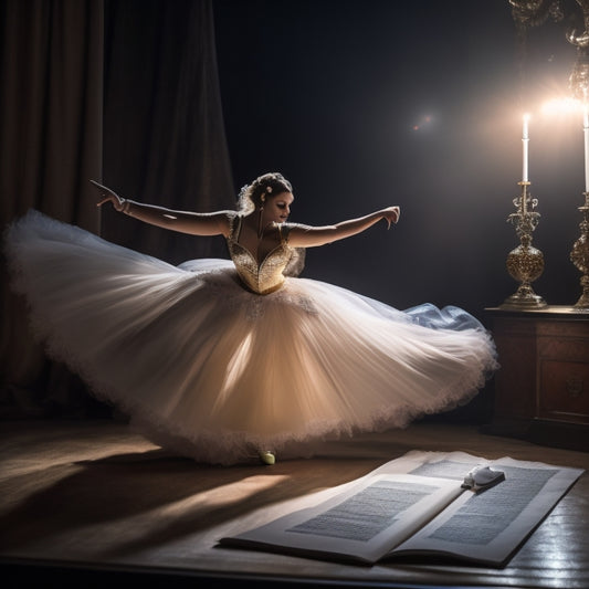 A spotlight shines on a dancer in a flowing costume, standing confidently in front of a velvet curtain, with a checklist clipboard and pen in hand, amidst a scattering of dance shoes and music sheets.