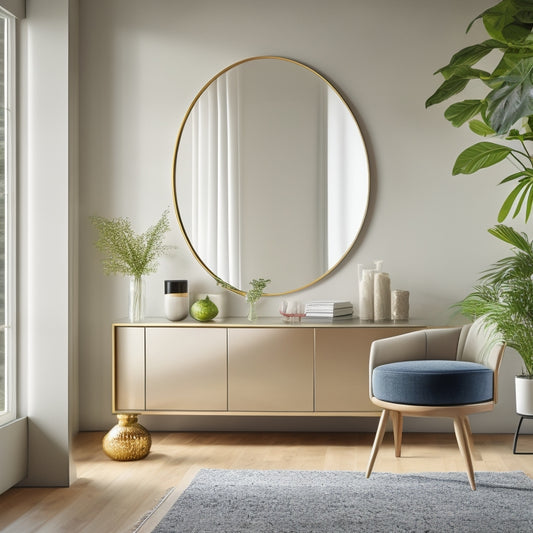 A stylish, modern room with a large, elegantly framed rolling mirror reflecting natural light, creating an illusion of depth. Soft colors, minimalistic furniture, and a hint of greenery enhance the spacious feel.