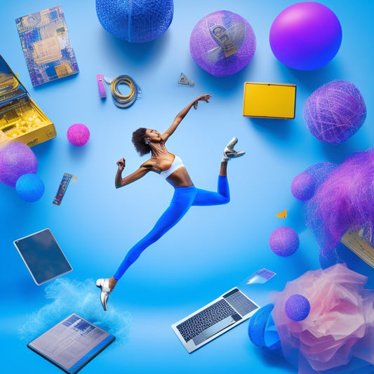 A whimsical illustration of a dancer surrounded by swirling musical notes, laptops, and tablets, with choreography sheets and dance shoes scattered around, set against a bright, gradient blue background.