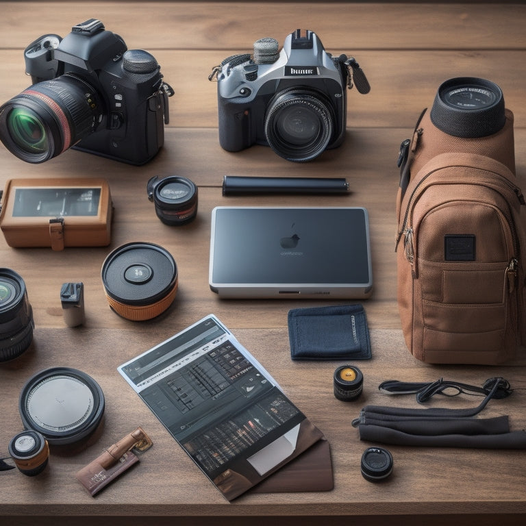 A neatly arranged photography workspace featuring a DSLR camera with interchangeable lenses, a sturdy tripod, external flash, memory cards, a camera bag, and a laptop displaying photo editing software, all set on a wooden table.