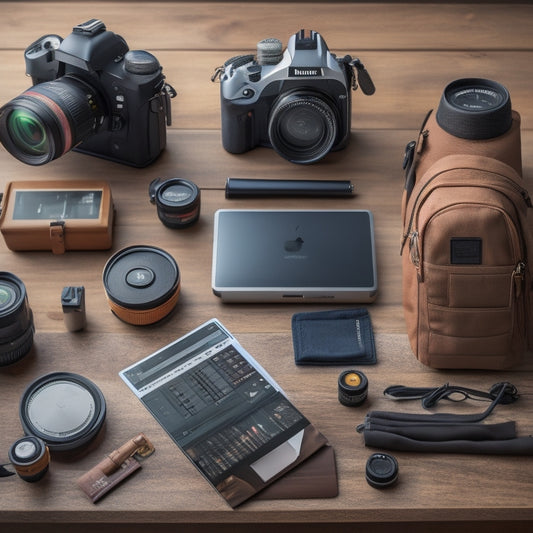 A neatly arranged photography workspace featuring a DSLR camera with interchangeable lenses, a sturdy tripod, external flash, memory cards, a camera bag, and a laptop displaying photo editing software, all set on a wooden table.