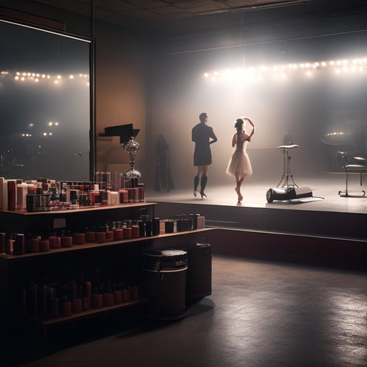 A dimly lit, smoky dance studio with a lone dancer in the center, surrounded by scattered makeup products, with a broken mirror in the background and a single, flickering spotlight shining down.