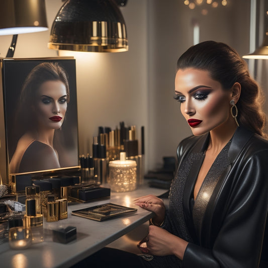 A glamorous, dimly lit makeup studio with a stunning model in a sleek, black leather chair, surrounded by luxurious cosmetics and a talented makeup artist at work, with soft, golden lighting.