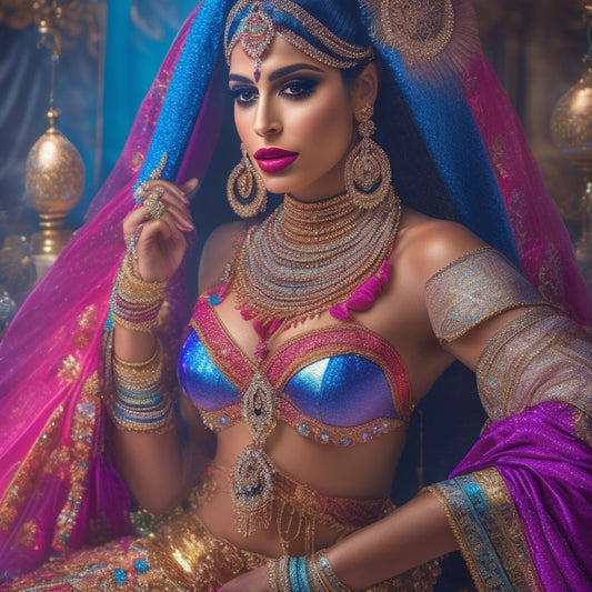 A vibrant illustration featuring a professional belly dancer adorned with various accessories: a glittering headpiece, layered coin belts, flowing silk veils, and intricately decorated finger cymbals.