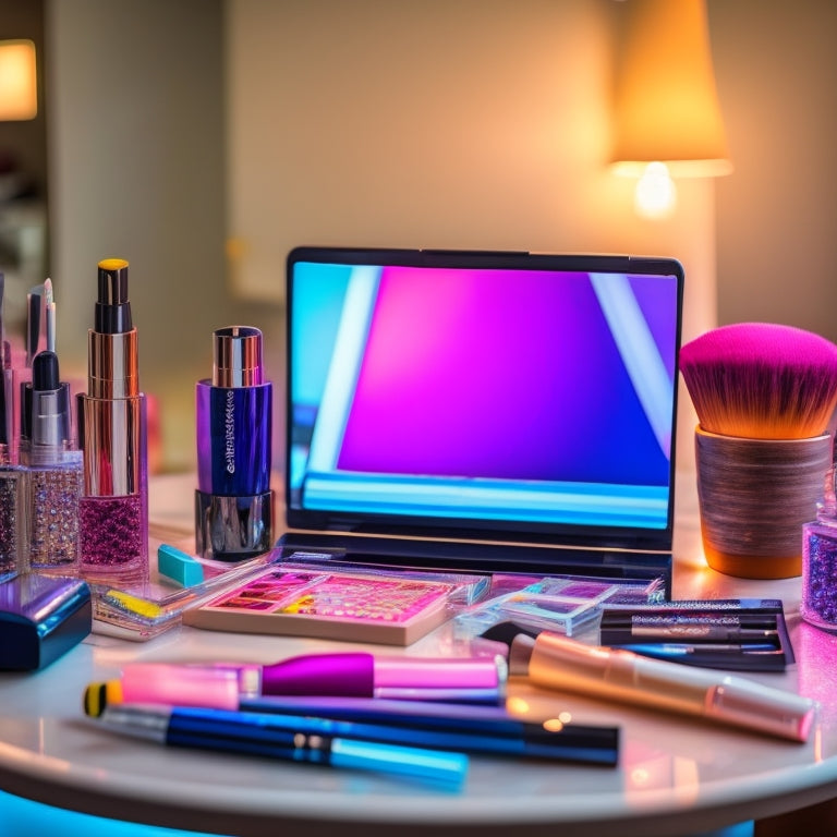 A close-up shot of a dance makeup artist's workstation: a lit vanity mirror, surrounded by colorful makeup palettes, brushes, and devices such as a tablet, stylus, and smartphone, amidst a clutter of beauty products.