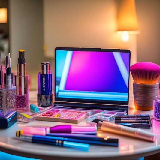 A close-up shot of a dance makeup artist's workstation: a lit vanity mirror, surrounded by colorful makeup palettes, brushes, and devices such as a tablet, stylus, and smartphone, amidst a clutter of beauty products.