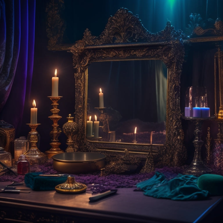 A dimly lit, velvet-draped backstage area with a ornate, antique vanity, surrounded by scattered makeup brushes, gemstones, and mysterious, glowing potions, illuminated by a single, flickering candle.