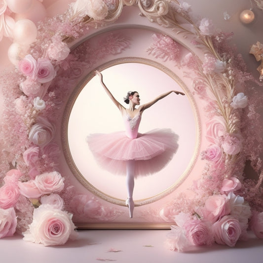 A whimsical illustration featuring a delicate, hand-drawn ballerina in mid-pirouette, surrounded by swirling ribbons and flowers, set against a soft, pastel pink background with subtle, shimmering glitter accents.