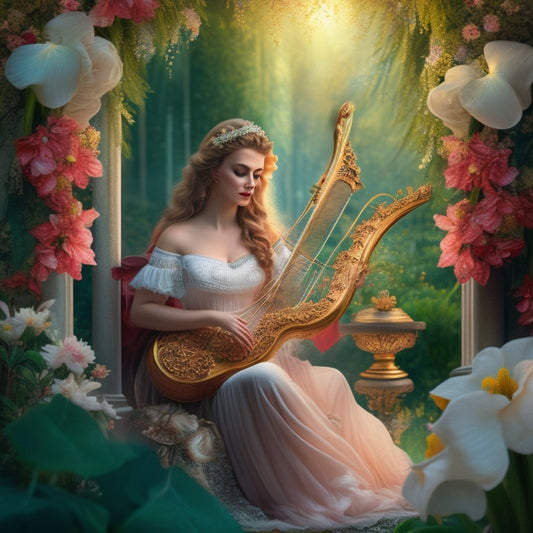 A whimsical illustration featuring Amaryllis, a gentle, ethereal being with a lyre, surrounded by swirling musical notes, flowers, and vines, bathed in soft, shimmering light, with a subtle, dreamy glow.