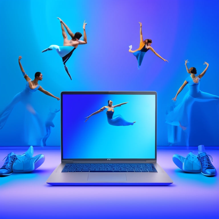 A stylized illustration of a laptop surrounded by dancing silhouettes in various styles (ballet, hip-hop, contemporary) with music notes and dance shoes scattered around, set against a bright, gradient blue background.