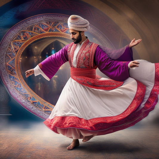 A vibrant illustration of a whirling dervish surrounded by swirling Middle Eastern patterns, with a subtle background of musical notes and a faint image of a playlist on a smartphone screen.