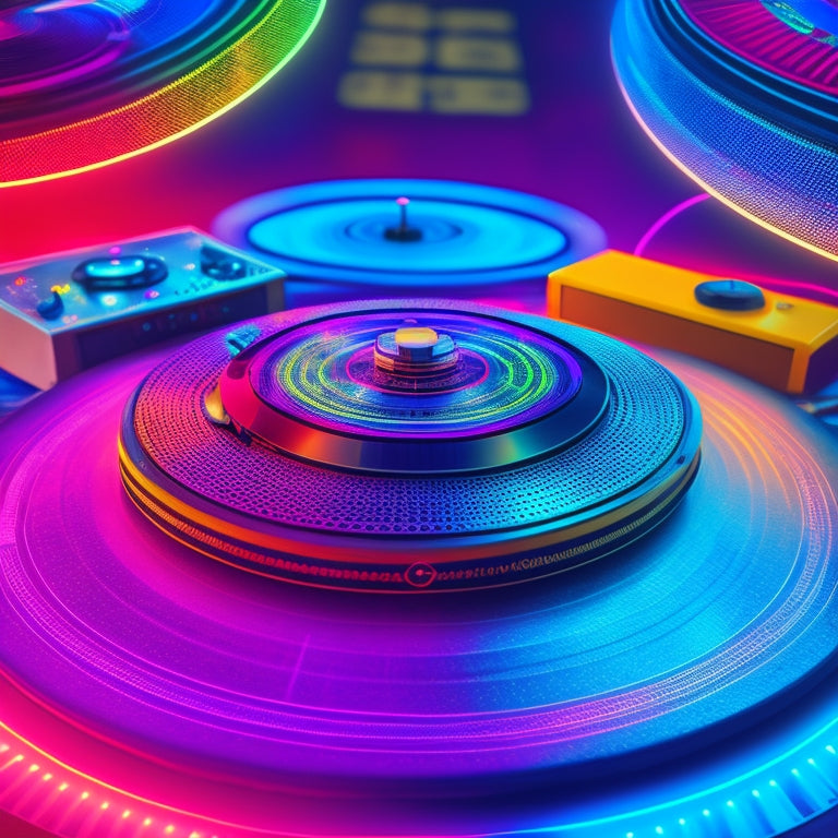 A colorful illustration of a turntable surrounded by vibrant vinyl records with retro-inspired dance floor patterns, neon lights, and abstract shapes, evoking a lively, nostalgic atmosphere.