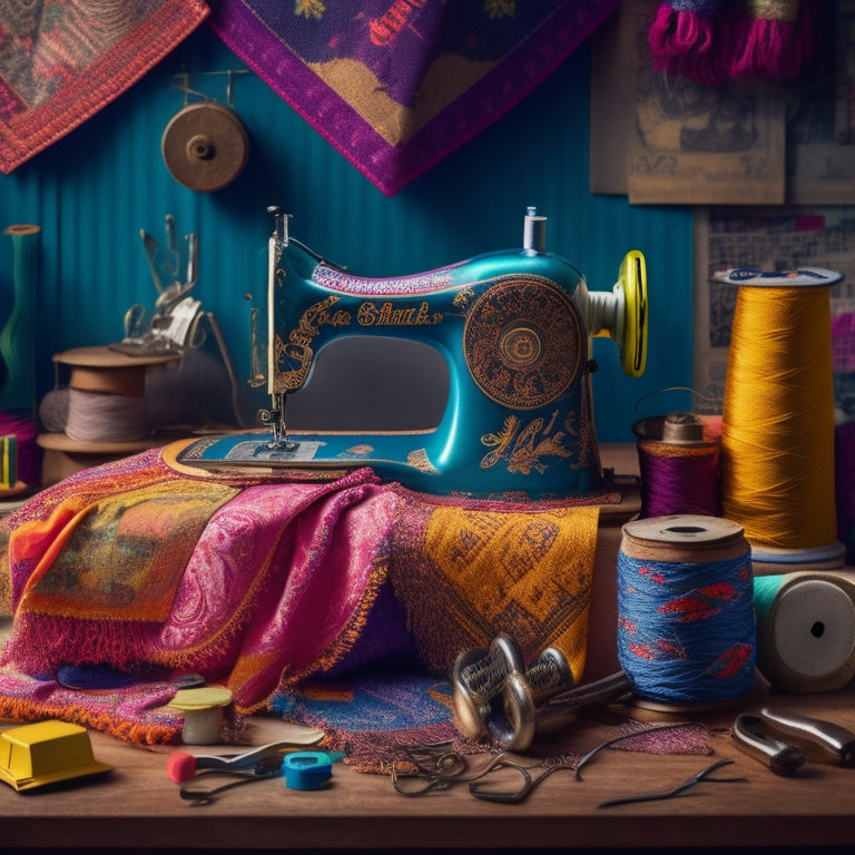 A vibrant, colorful illustration of a sewing machine surrounded by rolls of fabric, threads, pins, and scissors, set against a background of vintage sewing patterns and tools.