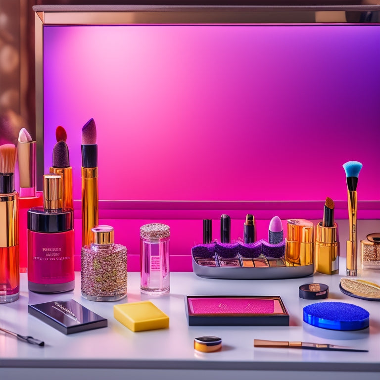 A colorful, clutter-free beauty vanity with various makeup products and sample-sized containers from different brands, surrounded by mirrors, brushes, and a few scattered cosmetic tools.