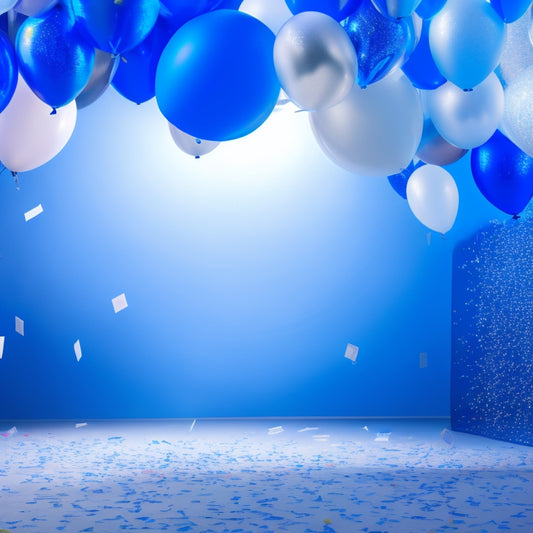 A bright, modern background with confetti and balloons in shades of blue and white, surrounded by theatre masks, spotlights, and film cameras, conveying excitement and celebration.